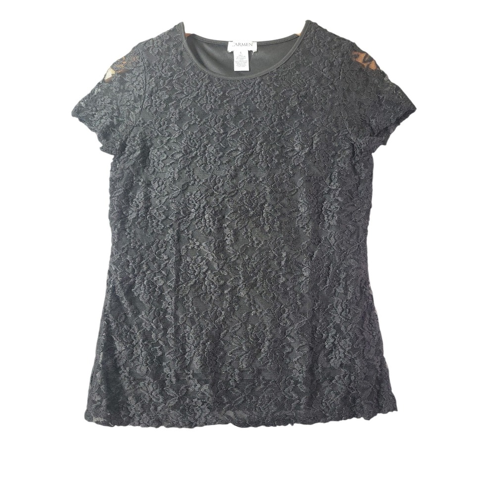 Carmen Marc Valvo Black Floral Lace Short Sleeve Lined Blouse Top Goth Small
